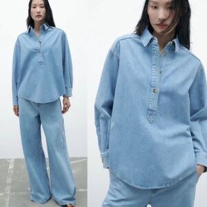 Zara Denim Shirt Popover Top Half Button